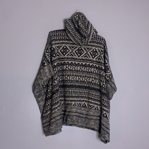 Lucky Brand Hooded Snap Front Jacquard poncho sweater south wester one size - Picture 5 of 5